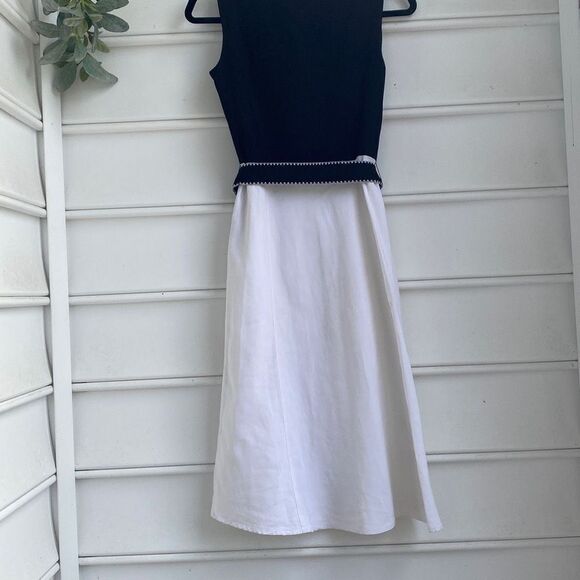 Ann Taylor Loft Linen Blend Belted Sleeveless MIDI‎ Dress Black Cream Size 0 - Picture 3 of 12